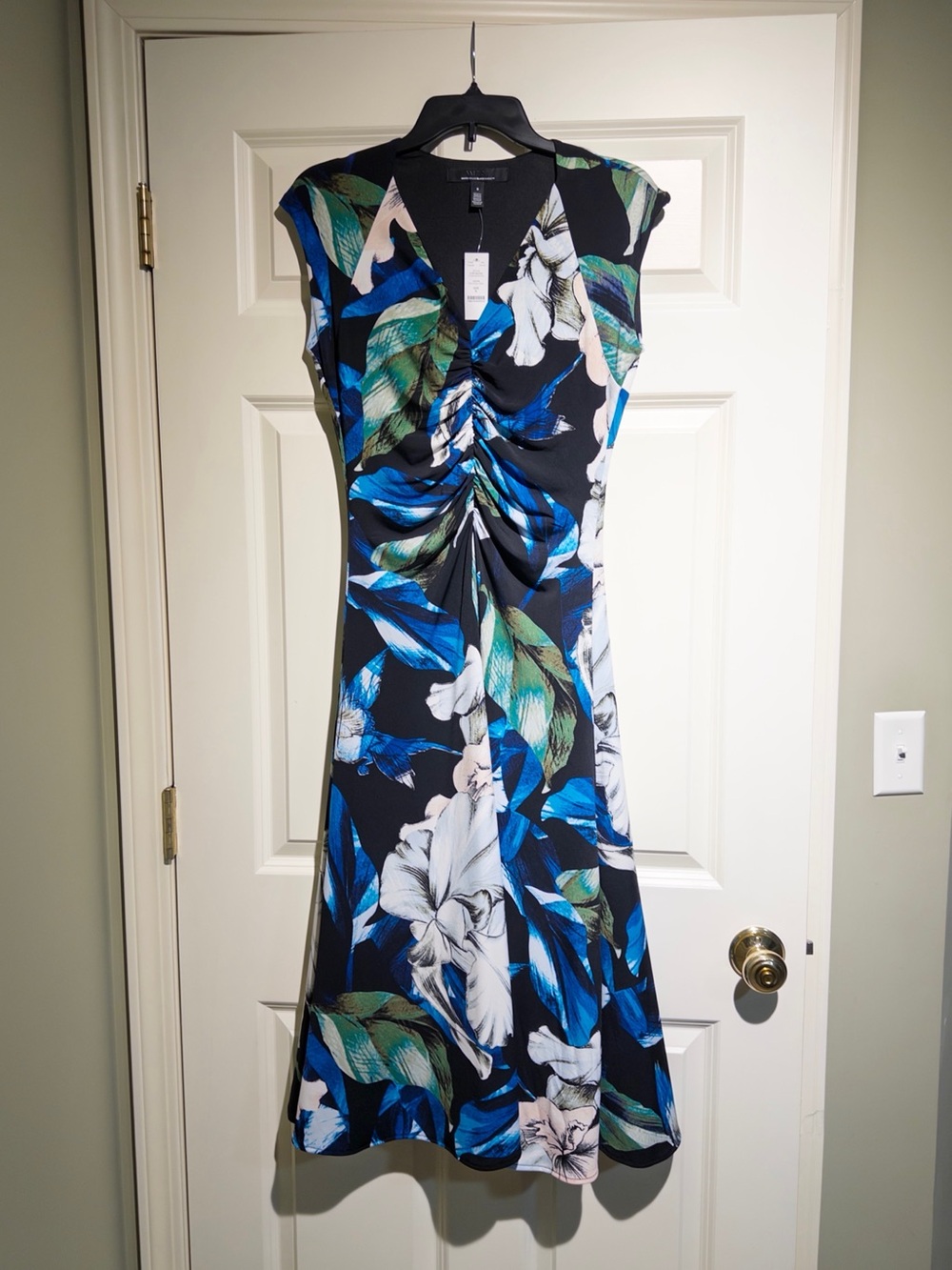 White House Black Market Floral Ruched V-Neck A-Line Dress in Black and Blue